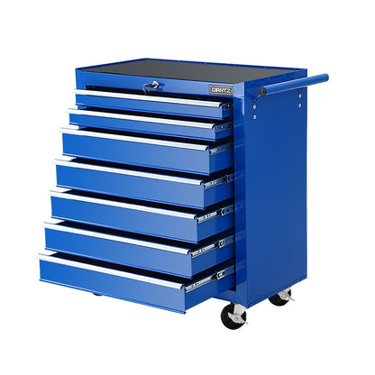 A blue, durable steel tool chest with six drawers, some of which are partially open, and a handle on the right side. This Giantz 7 Drawer Tool Box Cabinet Chest Trolley Storage Garage Toolbox Blue is on four casters—two swivel ones at the front for mobility—and features a lockable drawer system for secure storage.