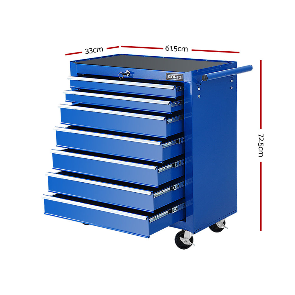 A blue, durable steel tool chest with six drawers, some of which are partially open, and a handle on the right side. This Giantz 7 Drawer Tool Box Cabinet Chest Trolley Storage Garage Toolbox Blue is on four casters—two swivel ones at the front for mobility—and features a lockable drawer system for secure storage.