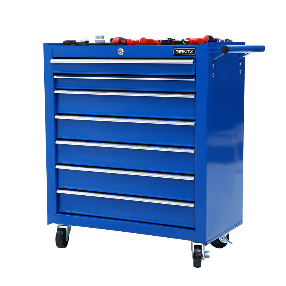 A blue, durable steel tool chest with six drawers, some of which are partially open, and a handle on the right side. This Giantz 7 Drawer Tool Box Cabinet Chest Trolley Storage Garage Toolbox Blue is on four casters—two swivel ones at the front for mobility—and features a lockable drawer system for secure storage.