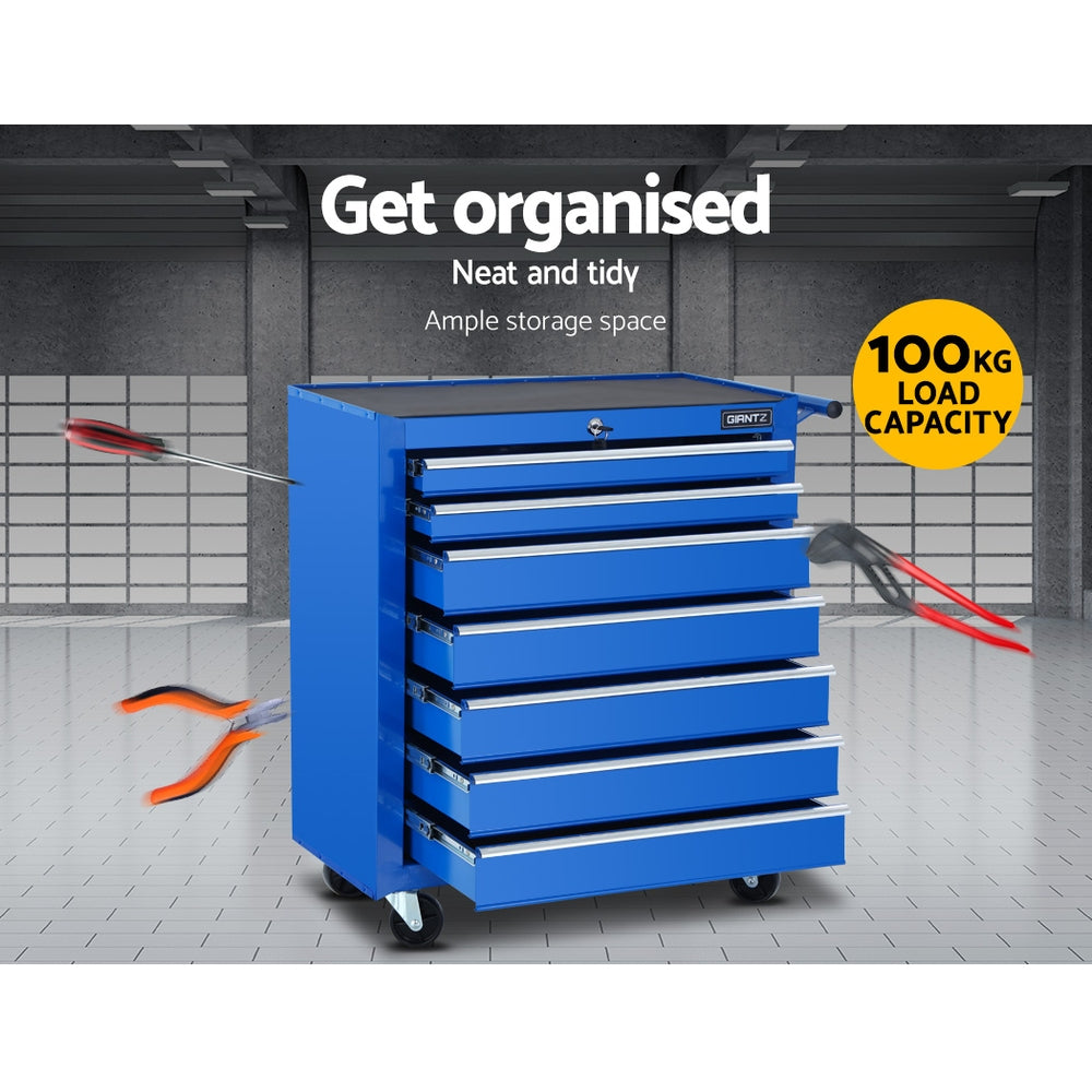 A blue, durable steel tool chest with six drawers, some of which are partially open, and a handle on the right side. This Giantz 7 Drawer Tool Box Cabinet Chest Trolley Storage Garage Toolbox Blue is on four casters—two swivel ones at the front for mobility—and features a lockable drawer system for secure storage.