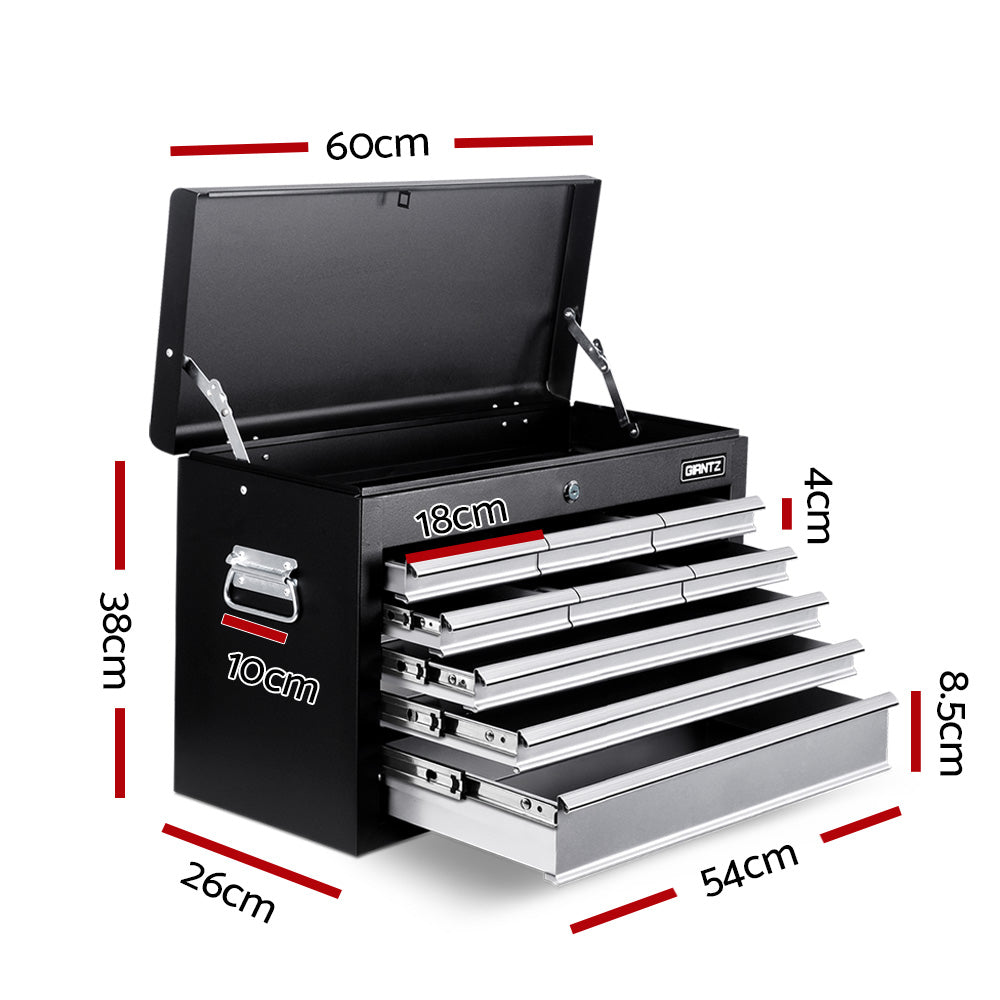 A person wearing grey gloves is organizing tools in a neatly arranged Giantz 9 Drawer Tool Box Cabinet Chest Toolbox Storage Garage Organiser Grey filled with various equipment. The text "To each its own - Every tool in its place" is displayed at the top left corner. Smooth ball-bearing slides ensure every tool has its perfect spot.