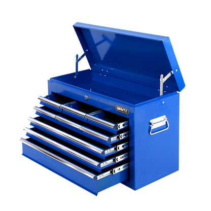 Image showing a Giantz 9 Drawer Tool Box Cabinet Chest Toolbox Storage Garage Organiser Blue with two main features highlighted. On the left, a sturdy trolley handle is shown at the side of the tool chest. On the right, a close-up of a lock with keys illustrates its fully lockable drawers.