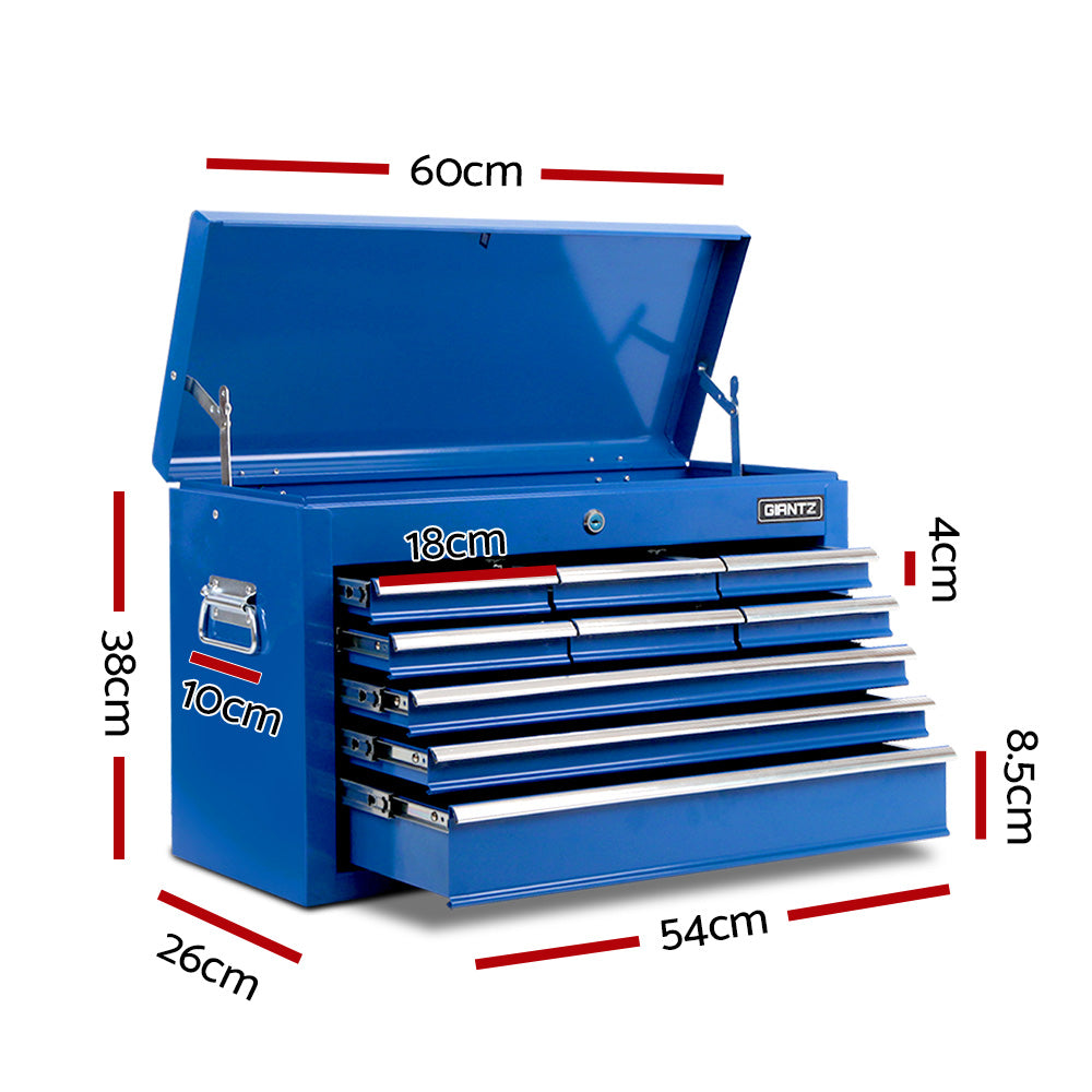 Image showing a Giantz 9 Drawer Tool Box Cabinet Chest Toolbox Storage Garage Organiser Blue with two main features highlighted. On the left, a sturdy trolley handle is shown at the side of the tool chest. On the right, a close-up of a lock with keys illustrates its fully lockable drawers.