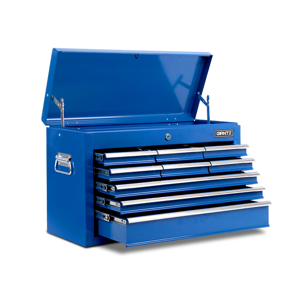 Image showing a Giantz 9 Drawer Tool Box Cabinet Chest Toolbox Storage Garage Organiser Blue with two main features highlighted. On the left, a sturdy trolley handle is shown at the side of the tool chest. On the right, a close-up of a lock with keys illustrates its fully lockable drawers.