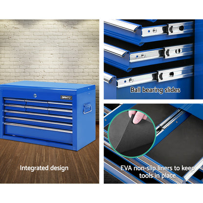 Image showing a Giantz 9 Drawer Tool Box Cabinet Chest Toolbox Storage Garage Organiser Blue with two main features highlighted. On the left, a sturdy trolley handle is shown at the side of the tool chest. On the right, a close-up of a lock with keys illustrates its fully lockable drawers.