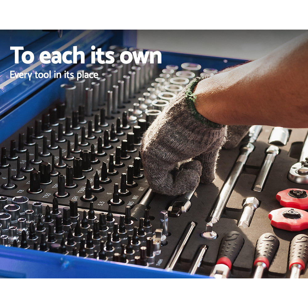 Image showing a Giantz 9 Drawer Tool Box Cabinet Chest Toolbox Storage Garage Organiser Blue with two main features highlighted. On the left, a sturdy trolley handle is shown at the side of the tool chest. On the right, a close-up of a lock with keys illustrates its fully lockable drawers.