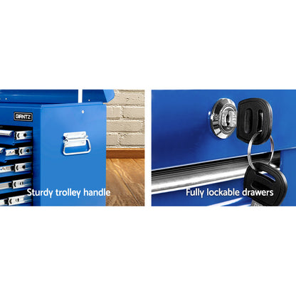 Image showing a Giantz 9 Drawer Tool Box Cabinet Chest Toolbox Storage Garage Organiser Blue with two main features highlighted. On the left, a sturdy trolley handle is shown at the side of the tool chest. On the right, a close-up of a lock with keys illustrates its fully lockable drawers.