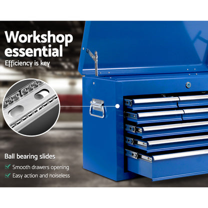 Image showing a Giantz 9 Drawer Tool Box Cabinet Chest Toolbox Storage Garage Organiser Blue with two main features highlighted. On the left, a sturdy trolley handle is shown at the side of the tool chest. On the right, a close-up of a lock with keys illustrates its fully lockable drawers.