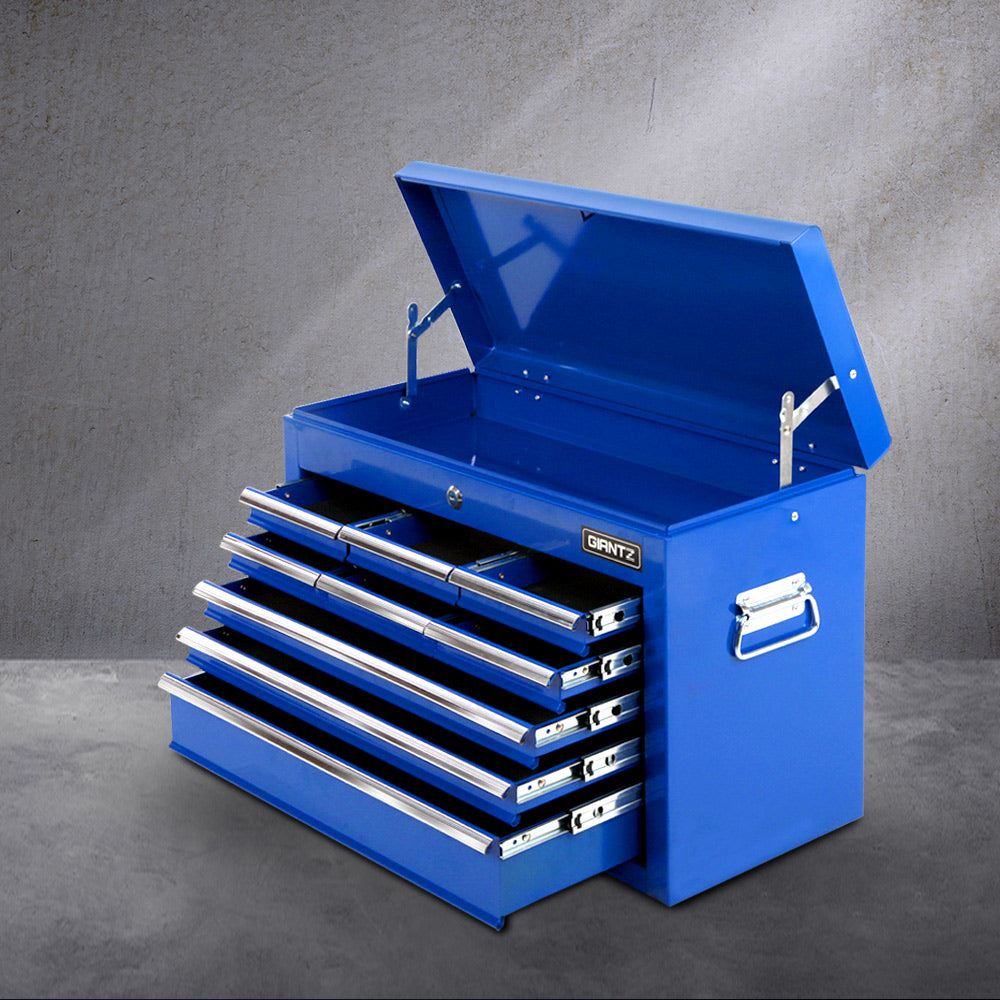 Image showing a Giantz 9 Drawer Tool Box Cabinet Chest Toolbox Storage Garage Organiser Blue with two main features highlighted. On the left, a sturdy trolley handle is shown at the side of the tool chest. On the right, a close-up of a lock with keys illustrates its fully lockable drawers.