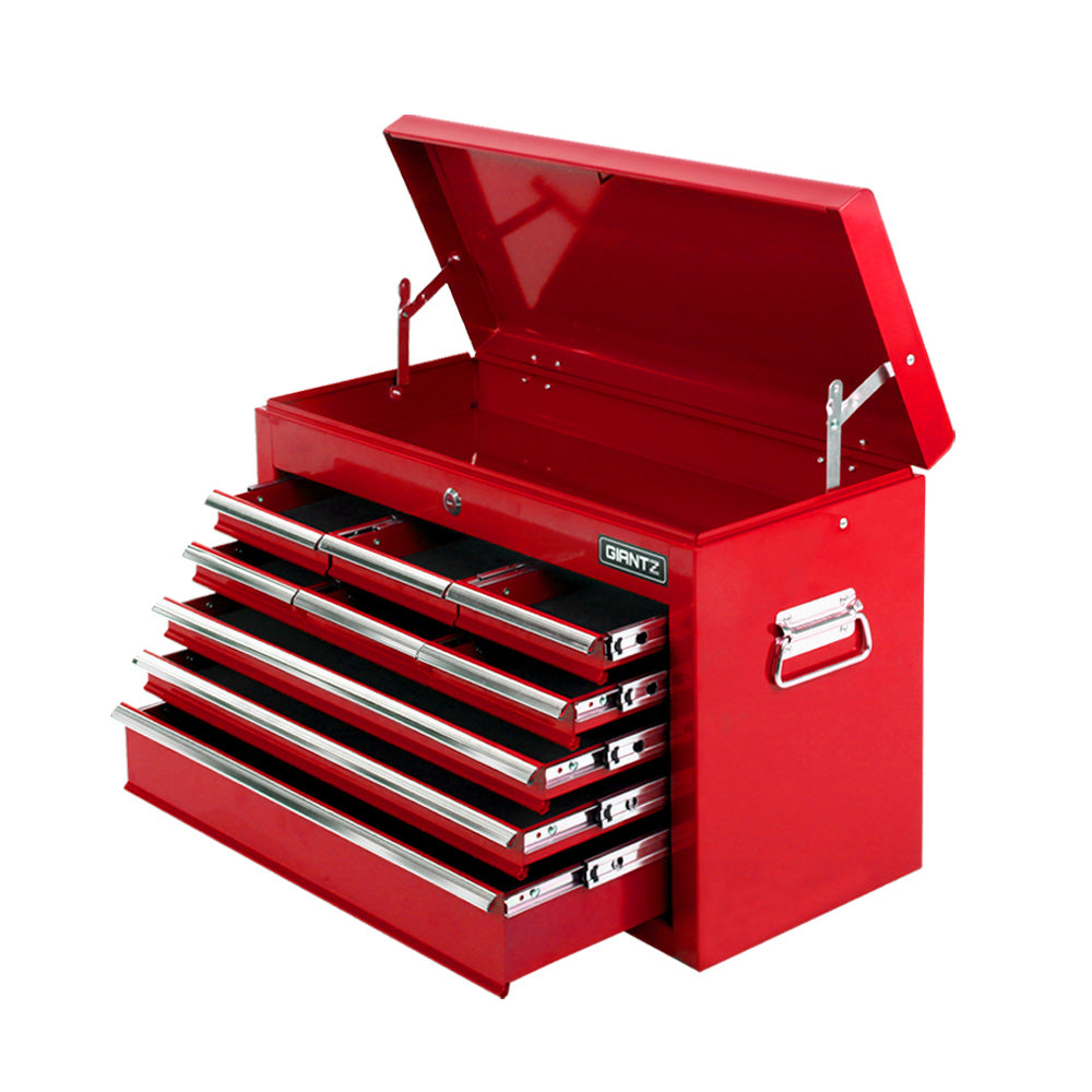 A red Giantz 9 Drawer Tool Box Cabinet Chest Toolbox Storage Garage Organiser Red made of durable steel with multiple drawers and compartments is displayed. Its dimensions are 60cm width, 38cm height, and 26cm depth, featuring individual drawer heights of 4cm, 8.5cm, 4 cm,and 10 cm with ball-bearing slides and an additional compartment height of 18 cm. The brand name "Giantz".