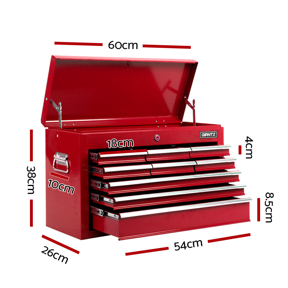 A red Giantz 9 Drawer Tool Box Cabinet Chest Toolbox Storage Garage Organiser Red made of durable steel with multiple drawers and compartments is displayed. Its dimensions are 60cm width, 38cm height, and 26cm depth, featuring individual drawer heights of 4cm, 8.5cm, 4 cm,and 10 cm with ball-bearing slides and an additional compartment height of 18 cm. The brand name "Giantz".