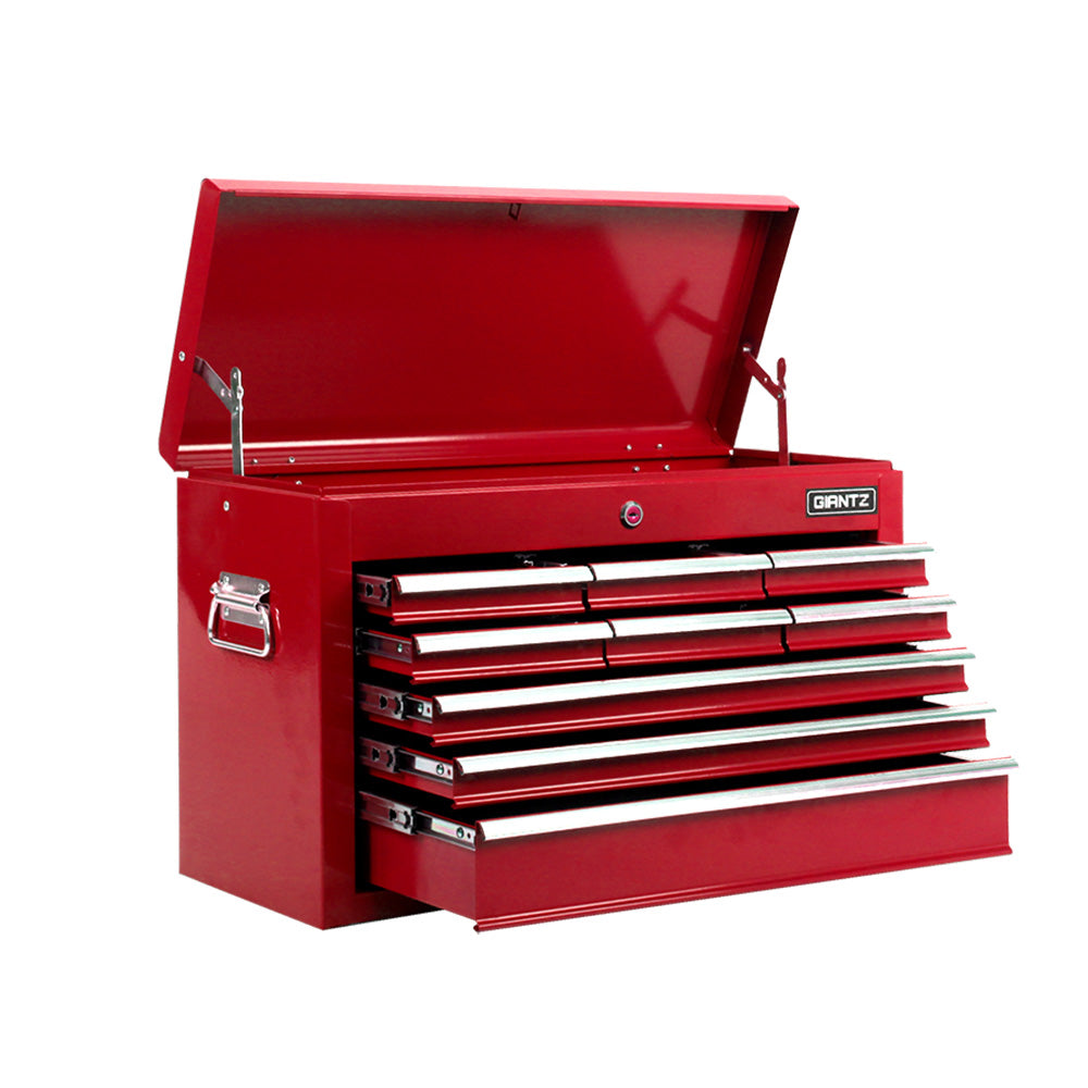 A red Giantz 9 Drawer Tool Box Cabinet Chest Toolbox Storage Garage Organiser Red made of durable steel with multiple drawers and compartments is displayed. Its dimensions are 60cm width, 38cm height, and 26cm depth, featuring individual drawer heights of 4cm, 8.5cm, 4 cm,and 10 cm with ball-bearing slides and an additional compartment height of 18 cm. The brand name "Giantz".