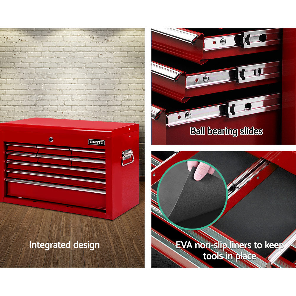 A red Giantz 9 Drawer Tool Box Cabinet Chest Toolbox Storage Garage Organiser Red made of durable steel with multiple drawers and compartments is displayed. Its dimensions are 60cm width, 38cm height, and 26cm depth, featuring individual drawer heights of 4cm, 8.5cm, 4 cm,and 10 cm with ball-bearing slides and an additional compartment height of 18 cm. The brand name "Giantz".