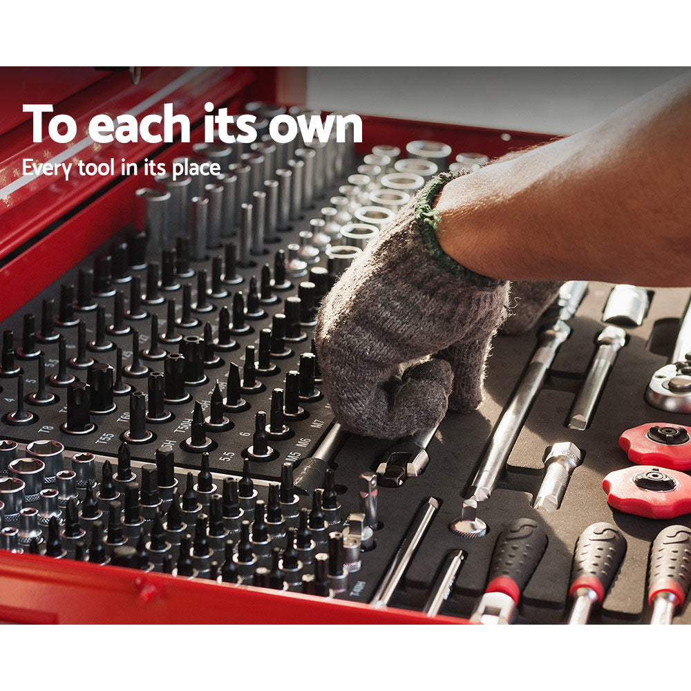 A red Giantz 9 Drawer Tool Box Cabinet Chest Toolbox Storage Garage Organiser Red made of durable steel with multiple drawers and compartments is displayed. Its dimensions are 60cm width, 38cm height, and 26cm depth, featuring individual drawer heights of 4cm, 8.5cm, 4 cm,and 10 cm with ball-bearing slides and an additional compartment height of 18 cm. The brand name "Giantz".