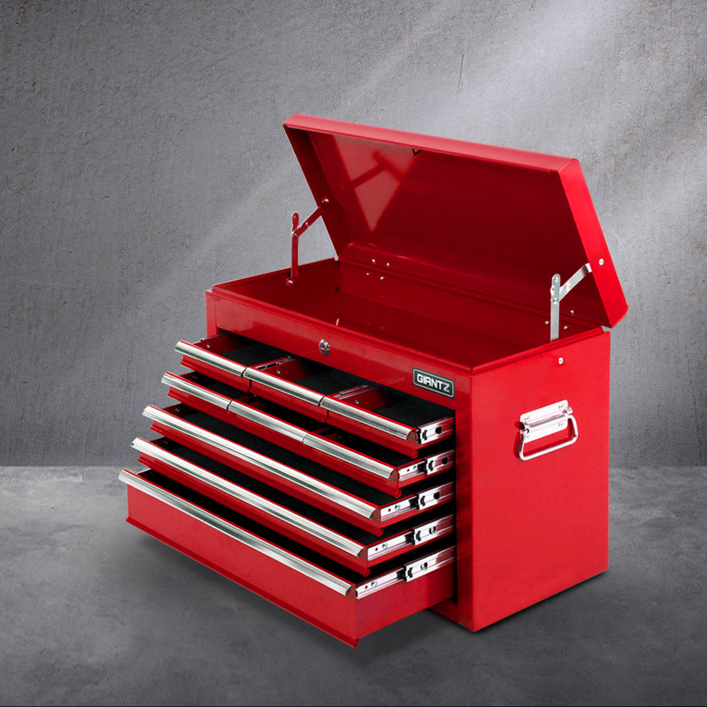 A red Giantz 9 Drawer Tool Box Cabinet Chest Toolbox Storage Garage Organiser Red made of durable steel with multiple drawers and compartments is displayed. Its dimensions are 60cm width, 38cm height, and 26cm depth, featuring individual drawer heights of 4cm, 8.5cm, 4 cm,and 10 cm with ball-bearing slides and an additional compartment height of 18 cm. The brand name "Giantz".