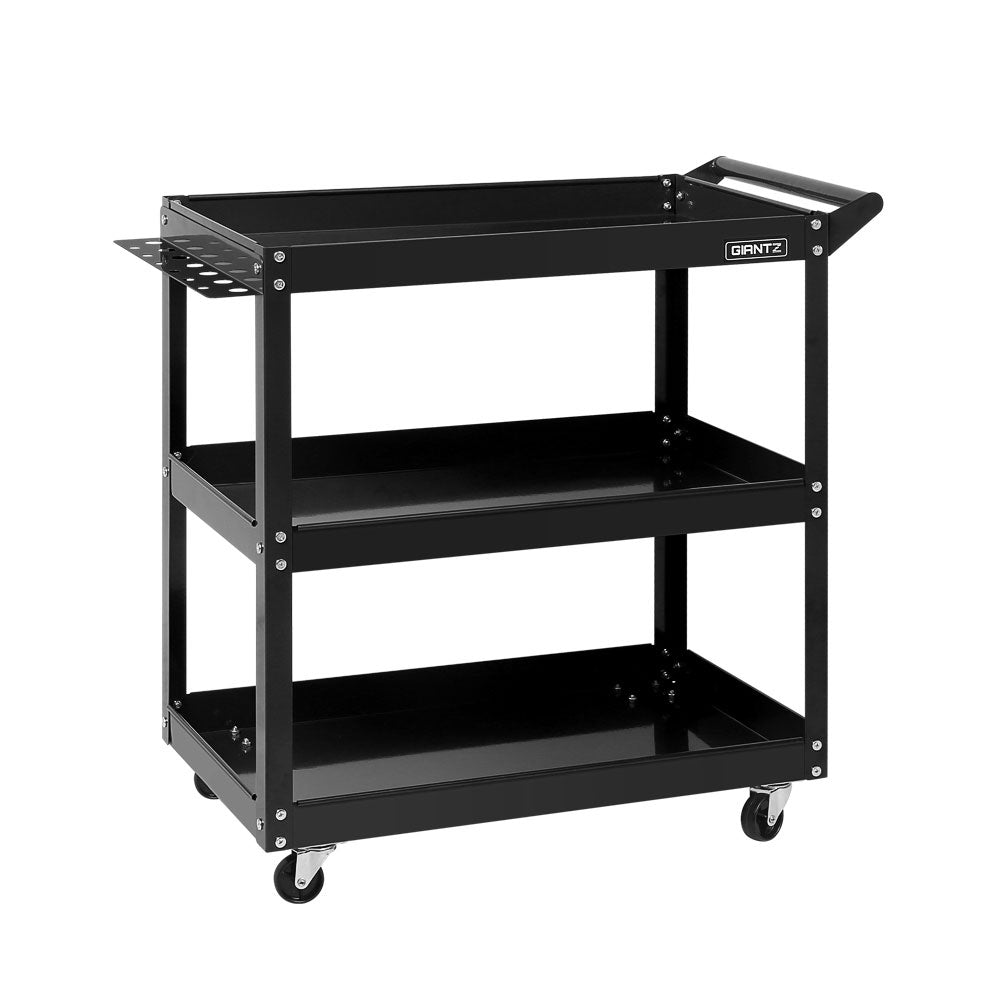 Introducing the Giantz 3-Tier Tool Cart Trolley Workshop Garage Storage Organizer Black: a black, three-tiered utility cart made from heavy-duty steel, equipped with a handle on the right side. It has four caster wheels for mobility and a small side shelf on the left. The cart is labeled "GRANTZ" on the top right corner, perfect for tool storage.