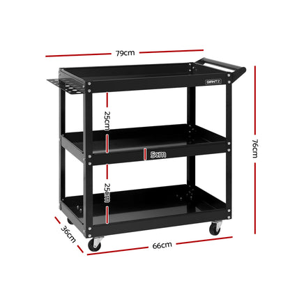 Introducing the Giantz 3-Tier Tool Cart Trolley Workshop Garage Storage Organizer Black: a black, three-tiered utility cart made from heavy-duty steel, equipped with a handle on the right side. It has four caster wheels for mobility and a small side shelf on the left. The cart is labeled "GRANTZ" on the top right corner, perfect for tool storage.