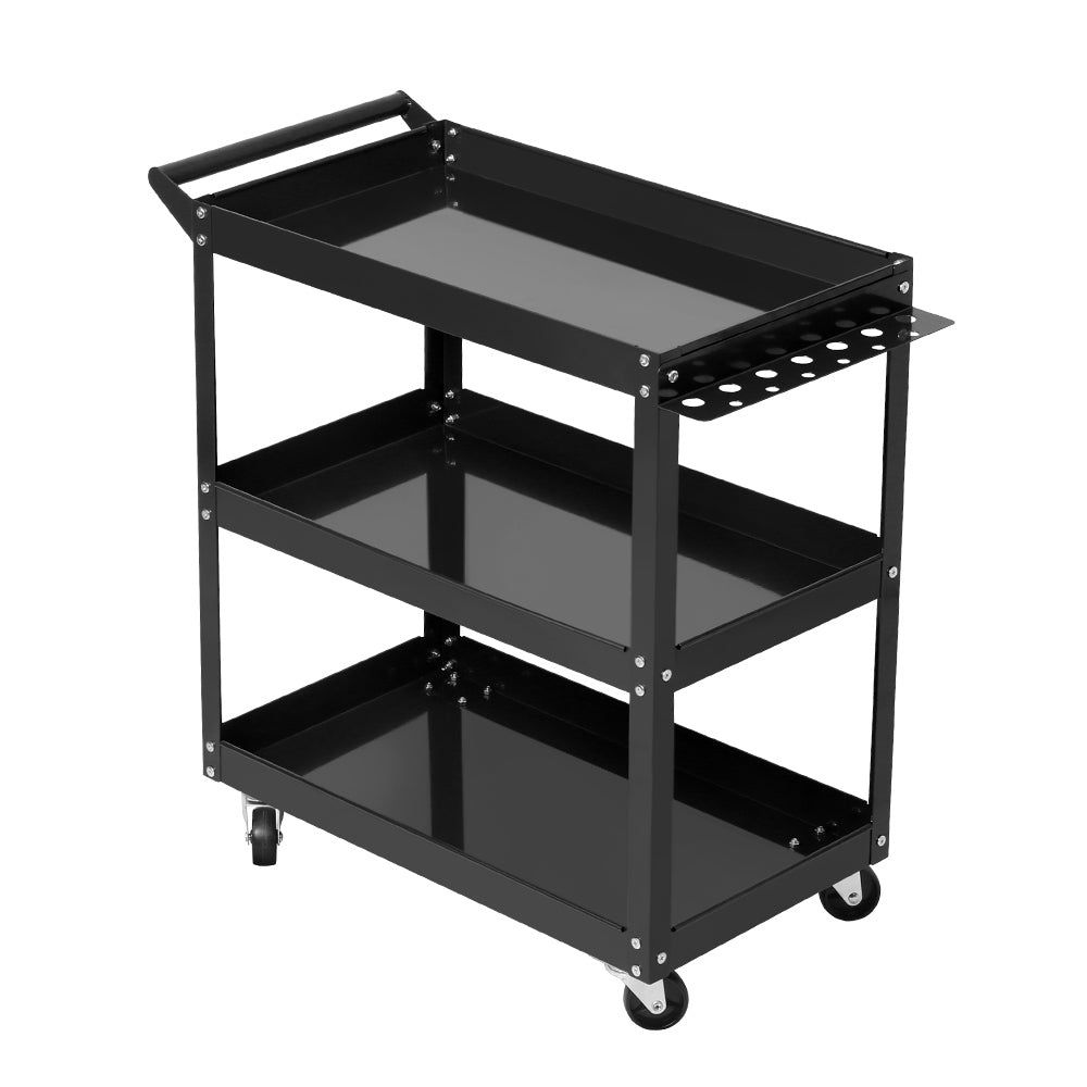 Introducing the Giantz 3-Tier Tool Cart Trolley Workshop Garage Storage Organizer Black: a black, three-tiered utility cart made from heavy-duty steel, equipped with a handle on the right side. It has four caster wheels for mobility and a small side shelf on the left. The cart is labeled "GRANTZ" on the top right corner, perfect for tool storage.