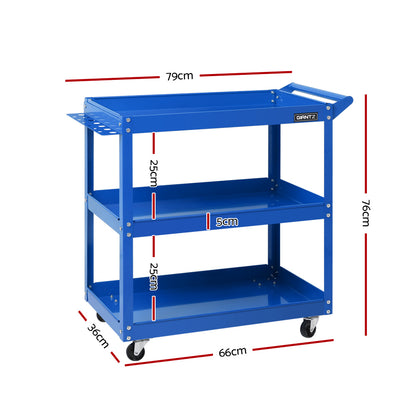 Introducing the Giantz 3-Tier Tool Cart Trolley Workshop Garage Storage Organizer Blue, a heavy-duty blue metal utility cart with three shelves and a handle on one side. Featuring four caster wheels for mobility, the top shelf includes a small tray and slots for tool organization. Sturdy construction makes it perfect for garages or workshops.