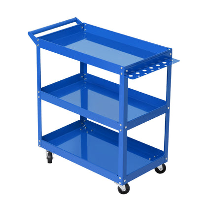 Introducing the Giantz 3-Tier Tool Cart Trolley Workshop Garage Storage Organizer Blue, a heavy-duty blue metal utility cart with three shelves and a handle on one side. Featuring four caster wheels for mobility, the top shelf includes a small tray and slots for tool organization. Sturdy construction makes it perfect for garages or workshops.