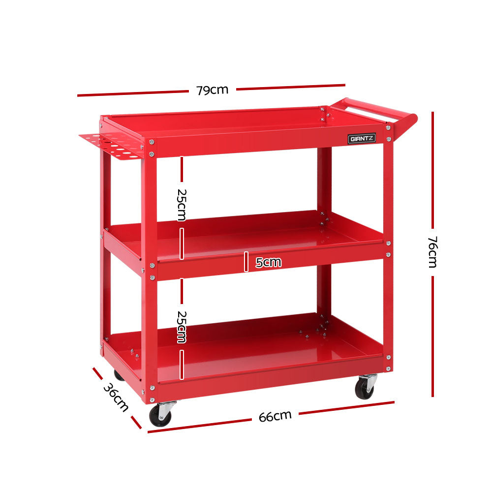 A red, three-tier Giantz 3-Tier Tool Cart Trolley Workshop Garage Storage Organizer Red crafted from heavy-duty steel on four swivel caster wheels. The cart features a handle on one end and a small perforated tray attached to one of the shelves. Each tier has a raised edge to prevent items from falling off. Brand name "GRANTZ" is visible on the side.