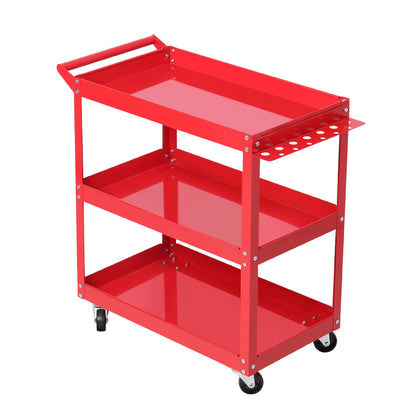 A red, three-tier Giantz 3-Tier Tool Cart Trolley Workshop Garage Storage Organizer Red crafted from heavy-duty steel on four swivel caster wheels. The cart features a handle on one end and a small perforated tray attached to one of the shelves. Each tier has a raised edge to prevent items from falling off. Brand name "GRANTZ" is visible on the side.