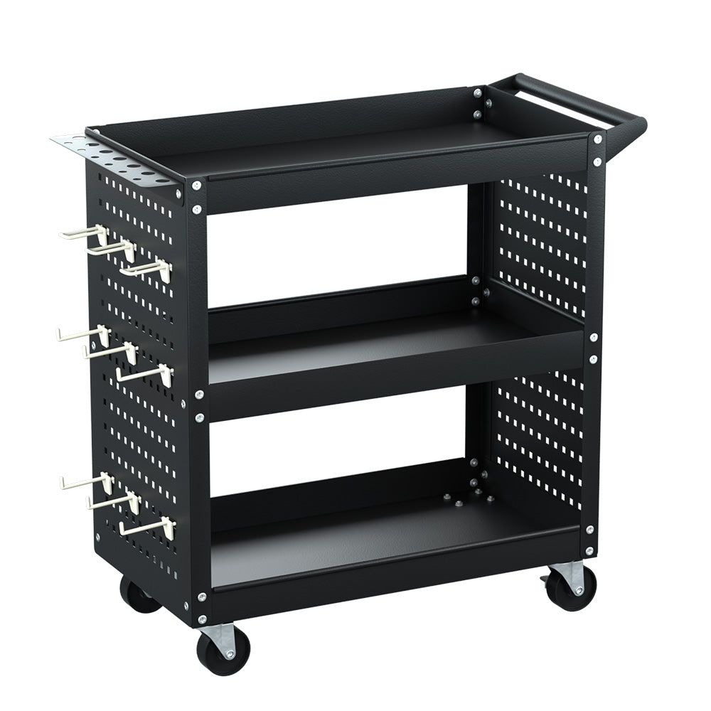 A black metal utility cart with three shelves, mounted on four caster wheels. The Giantz 3-Tier Tool Cart Storage Trolley Workshop Garage Pegboard Hooks Black features a handle at the top for easy movement, and pegboard sides with hooks for its side pegboard tool hanging system and screwdriver storage bay.