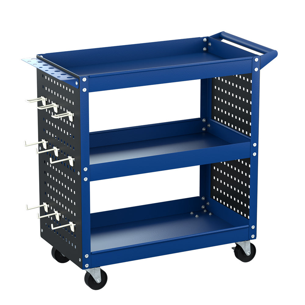 The Giantz 3-Tier Tool Cart Storage Trolley Workshop Garage Pegboard Hooks Blue has a handle, side pegboard for hanging tools, and a screwdriver storage bay. The cart has four caster wheels for easy mobility.