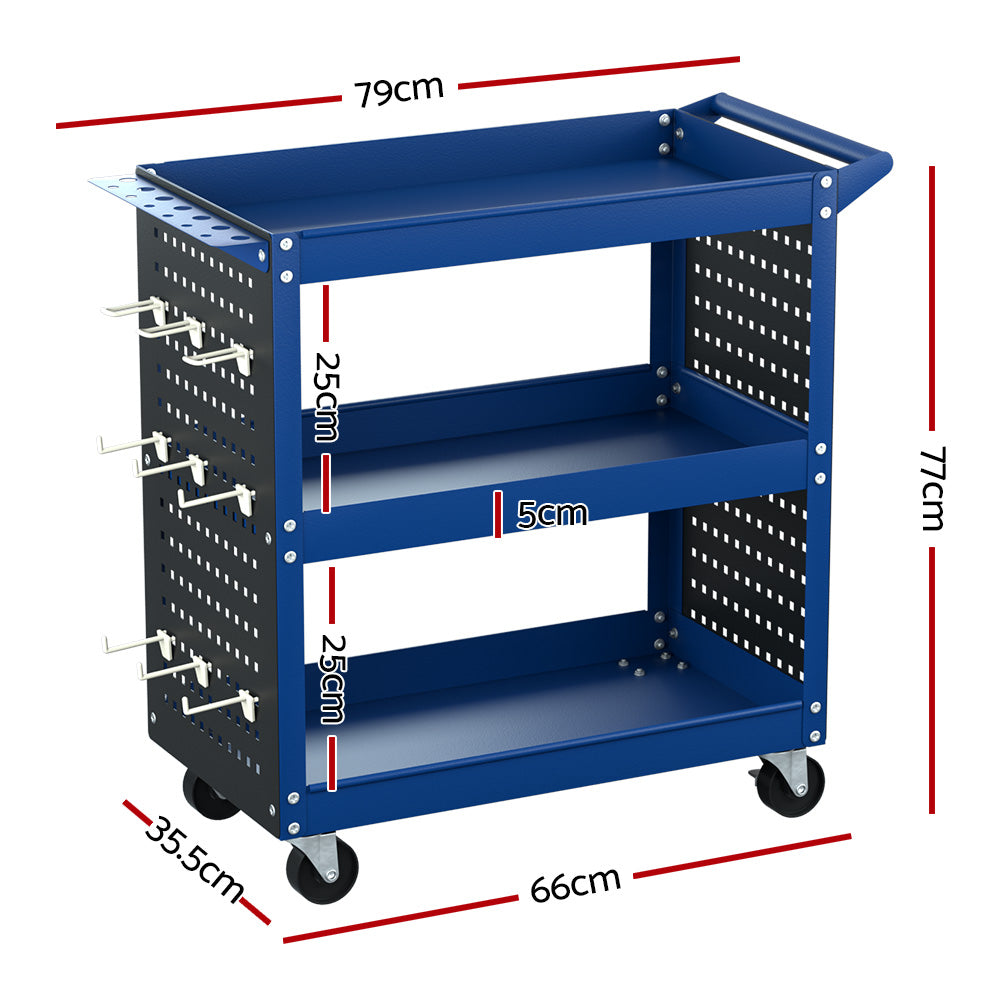 The Giantz 3-Tier Tool Cart Storage Trolley Workshop Garage Pegboard Hooks Blue has a handle, side pegboard for hanging tools, and a screwdriver storage bay. The cart has four caster wheels for easy mobility.