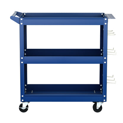 The Giantz 3-Tier Tool Cart Storage Trolley Workshop Garage Pegboard Hooks Blue has a handle, side pegboard for hanging tools, and a screwdriver storage bay. The cart has four caster wheels for easy mobility.