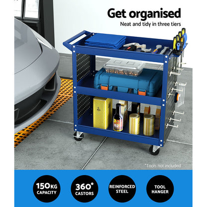 The Giantz 3-Tier Tool Cart Storage Trolley Workshop Garage Pegboard Hooks Blue has a handle, side pegboard for hanging tools, and a screwdriver storage bay. The cart has four caster wheels for easy mobility.