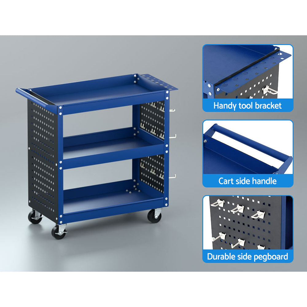 The Giantz 3-Tier Tool Cart Storage Trolley Workshop Garage Pegboard Hooks Blue has a handle, side pegboard for hanging tools, and a screwdriver storage bay. The cart has four caster wheels for easy mobility.