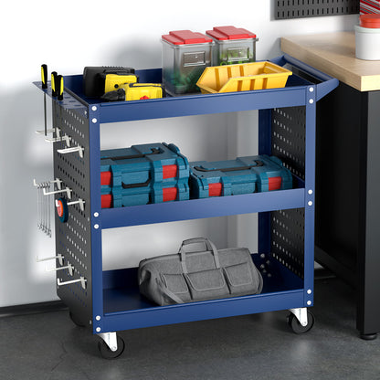 The Giantz 3-Tier Tool Cart Storage Trolley Workshop Garage Pegboard Hooks Blue has a handle, side pegboard for hanging tools, and a screwdriver storage bay. The cart has four caster wheels for easy mobility.