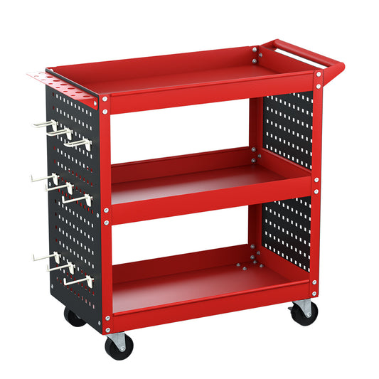 The Giantz 3-Tier Tool Cart Storage Trolley Workshop Garage Pegboard Hooks Red is a red and black, three-shelf utility cart with a handle and caster wheels. Featuring pegboard panels on the sides for a side pegboard tool hanging system, this cart is perfect for organizing tools and supplies. It even includes a screwdriver storage bay for added convenience.