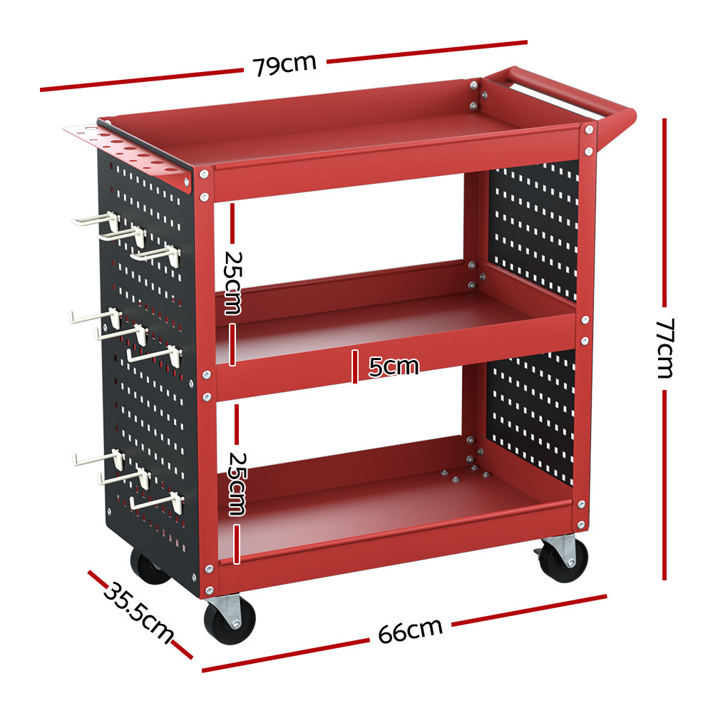 The Giantz 3-Tier Tool Cart Storage Trolley Workshop Garage Pegboard Hooks Red is a red and black, three-shelf utility cart with a handle and caster wheels. Featuring pegboard panels on the sides for a side pegboard tool hanging system, this cart is perfect for organizing tools and supplies. It even includes a screwdriver storage bay for added convenience.