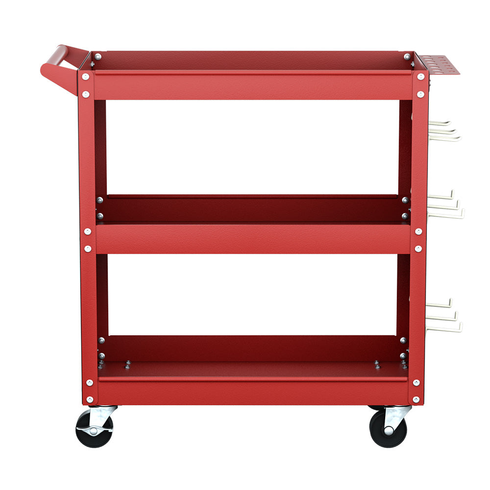 The Giantz 3-Tier Tool Cart Storage Trolley Workshop Garage Pegboard Hooks Red is a red and black, three-shelf utility cart with a handle and caster wheels. Featuring pegboard panels on the sides for a side pegboard tool hanging system, this cart is perfect for organizing tools and supplies. It even includes a screwdriver storage bay for added convenience.