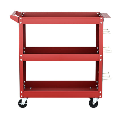 The Giantz 3-Tier Tool Cart Storage Trolley Workshop Garage Pegboard Hooks Red is a red and black, three-shelf utility cart with a handle and caster wheels. Featuring pegboard panels on the sides for a side pegboard tool hanging system, this cart is perfect for organizing tools and supplies. It even includes a screwdriver storage bay for added convenience.