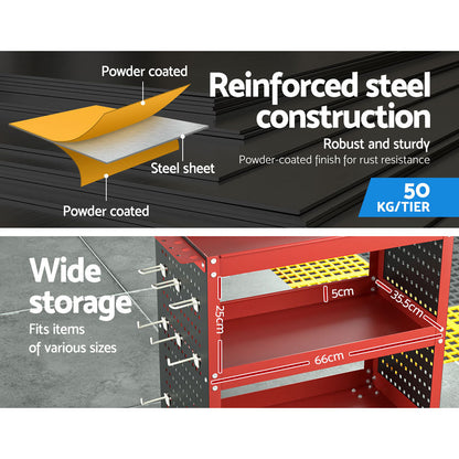 The Giantz 3-Tier Tool Cart Storage Trolley Workshop Garage Pegboard Hooks Red is a red and black, three-shelf utility cart with a handle and caster wheels. Featuring pegboard panels on the sides for a side pegboard tool hanging system, this cart is perfect for organizing tools and supplies. It even includes a screwdriver storage bay for added convenience.