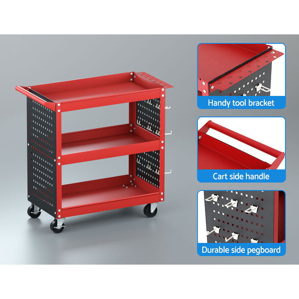 The Giantz 3-Tier Tool Cart Storage Trolley Workshop Garage Pegboard Hooks Red is a red and black, three-shelf utility cart with a handle and caster wheels. Featuring pegboard panels on the sides for a side pegboard tool hanging system, this cart is perfect for organizing tools and supplies. It even includes a screwdriver storage bay for added convenience.