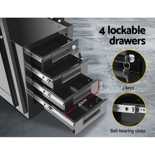 A black metallic Giantz Welding Trolley Cart 4 Drawer MIG TIG ARC Welder Plasma Cutter with a durable steel construction and four lockable drawers is shown. Each drawer has a ball-bearing slide and a silver handle, with two keys emphasizing security. One drawer is pulled out, revealing an inside depth of 20 cm.