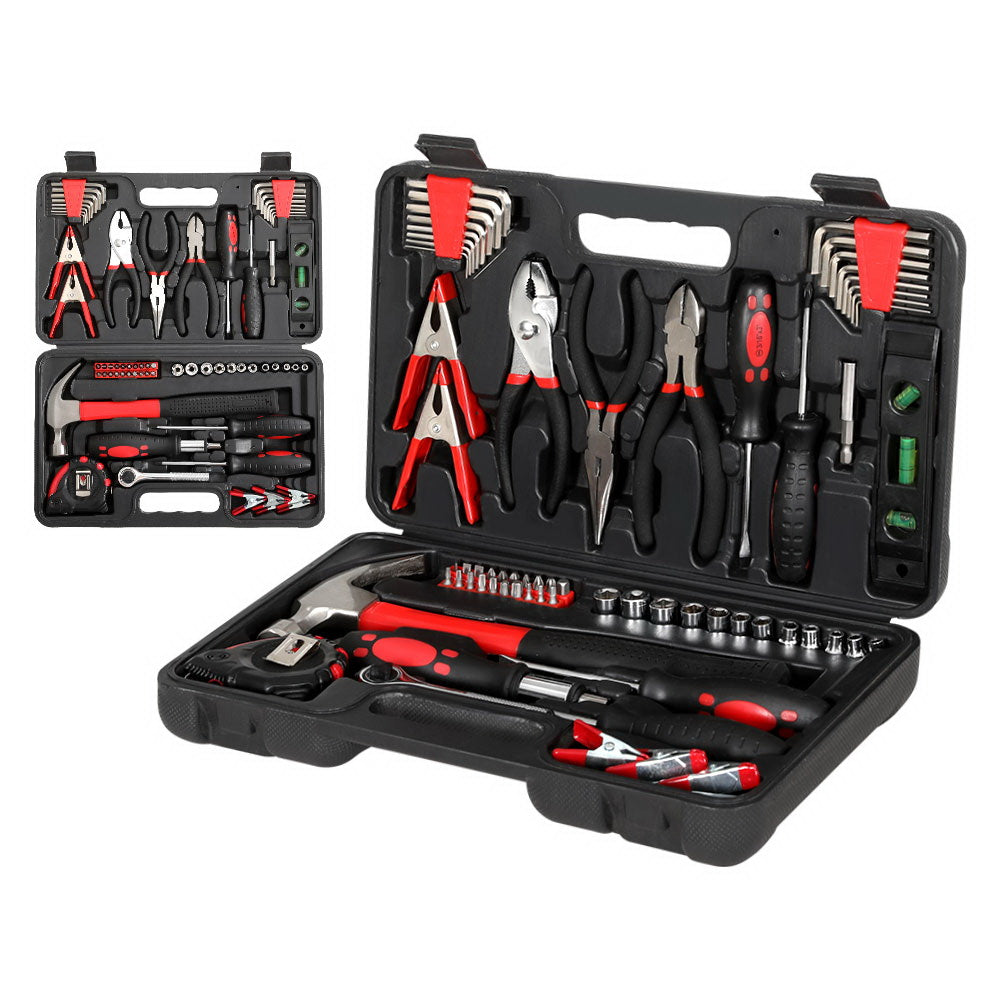 A black and red, **Giantz 70pcs Tool Kit Set Box Household Toolbox Repair Hard Case Black** open to display a variety of heat-treated carbon steel tools, including pliers, screwdrivers, a hammer, wrenches, Allen keys, sockets and more. The tools are neatly organized within the carrying case compartments with anti-corrosion protection. Smaller image shows the lid with additional tools.