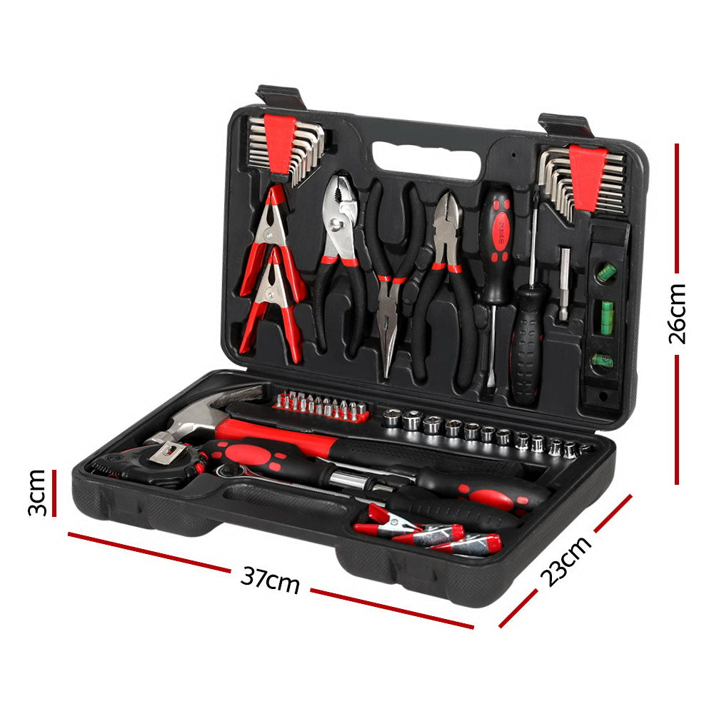 A black and red, **Giantz 70pcs Tool Kit Set Box Household Toolbox Repair Hard Case Black** open to display a variety of heat-treated carbon steel tools, including pliers, screwdrivers, a hammer, wrenches, Allen keys, sockets and more. The tools are neatly organized within the carrying case compartments with anti-corrosion protection. Smaller image shows the lid with additional tools.