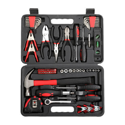 A black and red, **Giantz 70pcs Tool Kit Set Box Household Toolbox Repair Hard Case Black** open to display a variety of heat-treated carbon steel tools, including pliers, screwdrivers, a hammer, wrenches, Allen keys, sockets and more. The tools are neatly organized within the carrying case compartments with anti-corrosion protection. Smaller image shows the lid with additional tools.