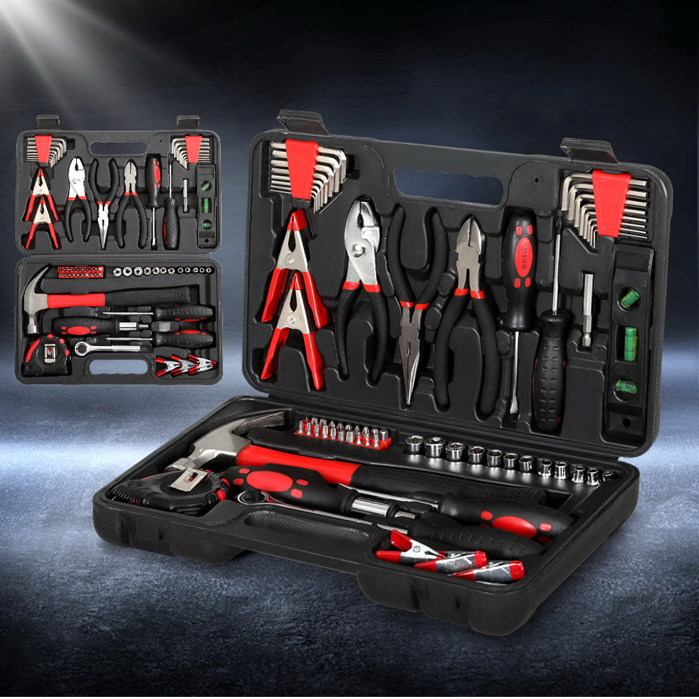 A black and red, **Giantz 70pcs Tool Kit Set Box Household Toolbox Repair Hard Case Black** open to display a variety of heat-treated carbon steel tools, including pliers, screwdrivers, a hammer, wrenches, Allen keys, sockets and more. The tools are neatly organized within the carrying case compartments with anti-corrosion protection. Smaller image shows the lid with additional tools.