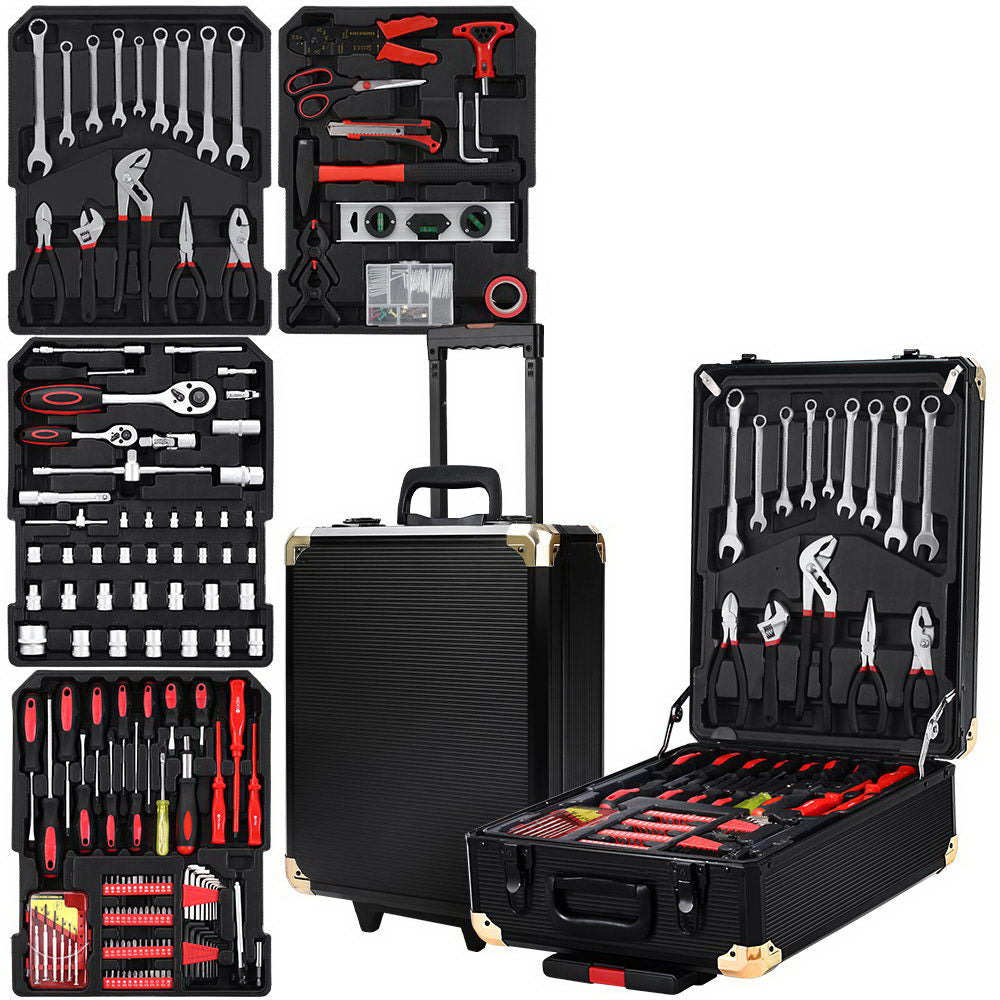 A comprehensive black Giantz 816pcs Tool Kit Trolley Case Mechanics Box Toolbox Portable DIY Set on wheels with a retractable handle. The portable tool case is open to display various organized Chrome Vanadium tools, including wrenches, pliers, screwdrivers, hammers, sockets, and measuring tape. Multiple panels are shown for different tool compartments.