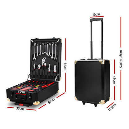 A comprehensive black Giantz 816pcs Tool Kit Trolley Case Mechanics Box Toolbox Portable DIY Set on wheels with a retractable handle. The portable tool case is open to display various organized Chrome Vanadium tools, including wrenches, pliers, screwdrivers, hammers, sockets, and measuring tape. Multiple panels are shown for different tool compartments.