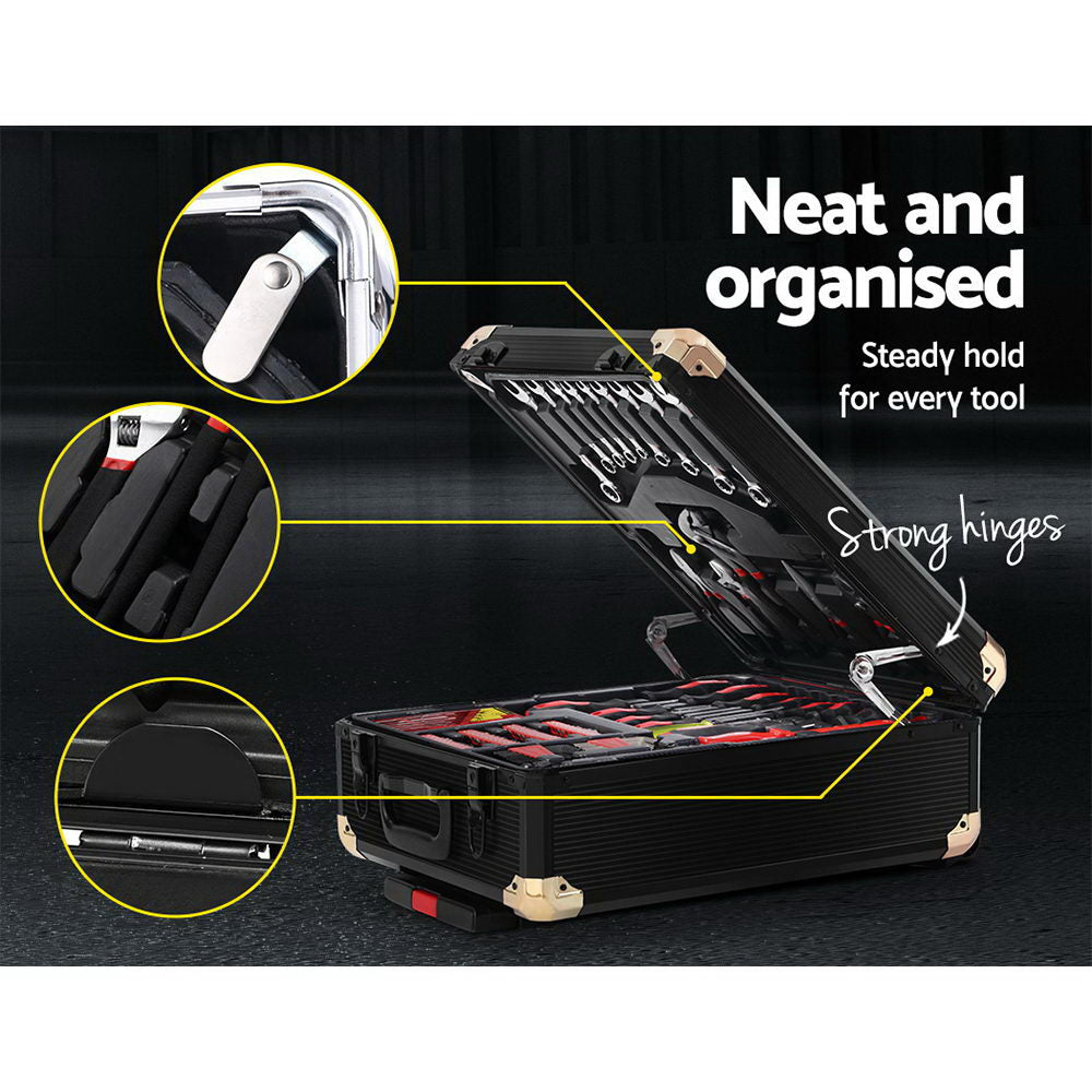 A comprehensive black Giantz 816pcs Tool Kit Trolley Case Mechanics Box Toolbox Portable DIY Set on wheels with a retractable handle. The portable tool case is open to display various organized Chrome Vanadium tools, including wrenches, pliers, screwdrivers, hammers, sockets, and measuring tape. Multiple panels are shown for different tool compartments.