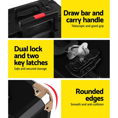 A comprehensive black Giantz 816pcs Tool Kit Trolley Case Mechanics Box Toolbox Portable DIY Set on wheels with a retractable handle. The portable tool case is open to display various organized Chrome Vanadium tools, including wrenches, pliers, screwdrivers, hammers, sockets, and measuring tape. Multiple panels are shown for different tool compartments.