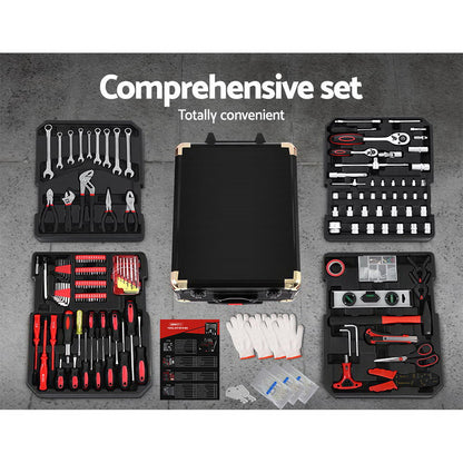 A comprehensive black Giantz 816pcs Tool Kit Trolley Case Mechanics Box Toolbox Portable DIY Set on wheels with a retractable handle. The portable tool case is open to display various organized Chrome Vanadium tools, including wrenches, pliers, screwdrivers, hammers, sockets, and measuring tape. Multiple panels are shown for different tool compartments.