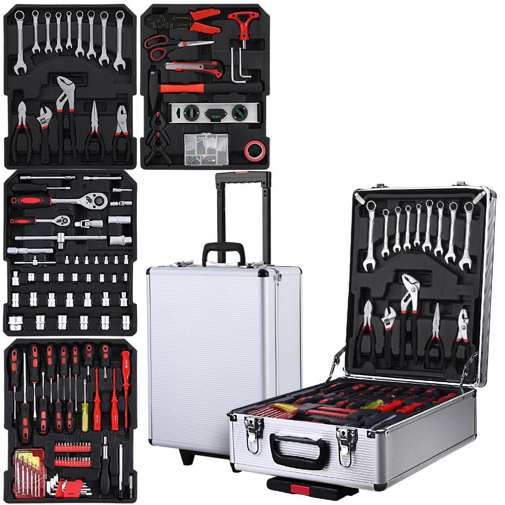 A Giantz 786pcs Tool Kit Trolley Case Mechanics Box Toolbox Portable DIY Set on wheels with an extended handle is open, revealing organized chrome vanadium tools. Separate compartments contain wrenches, pliers, screwdrivers, bits, sockets, a saw, hex keys, and measuring tape, all neatly arranged in molded black trays.